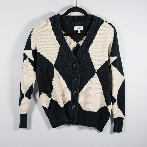 Pistola Evelyn Cotton Knit Button Cardigan Sweater Diamond Play Black White XS - Picture 1 of 4